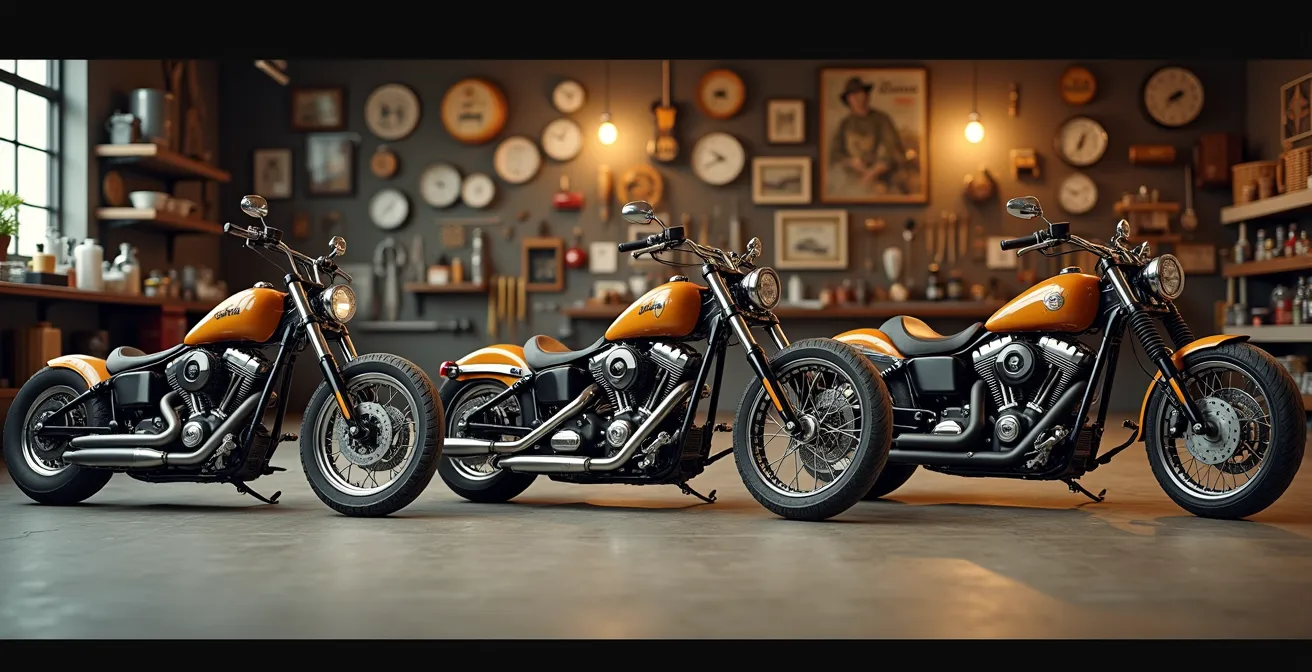 Évolution chronologique des styles custom de moto, du bobber minimaliste au chopper extravagant
