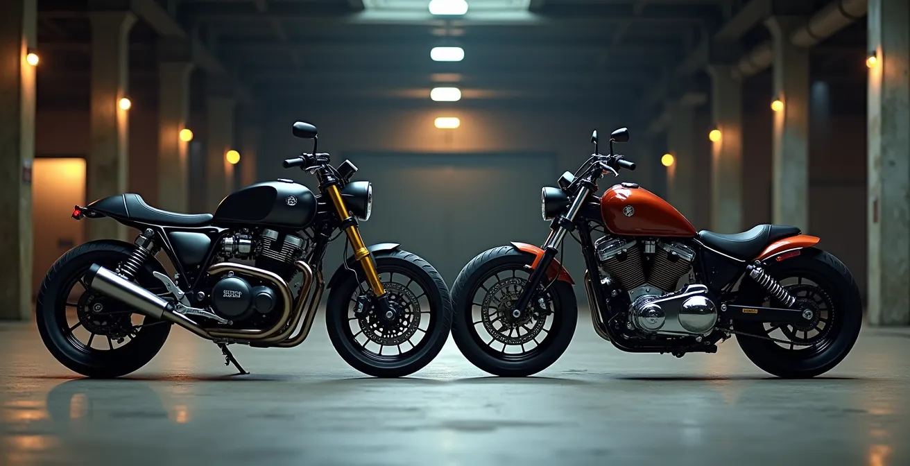 Comparaison visuelle entre un café racer épuré et un chopper customisé, représentant deux philosophies de vie distinctes