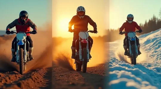 Un pilote de moto tenant une moto sur terre, asphalte et glace symbolisant les différents sports moto