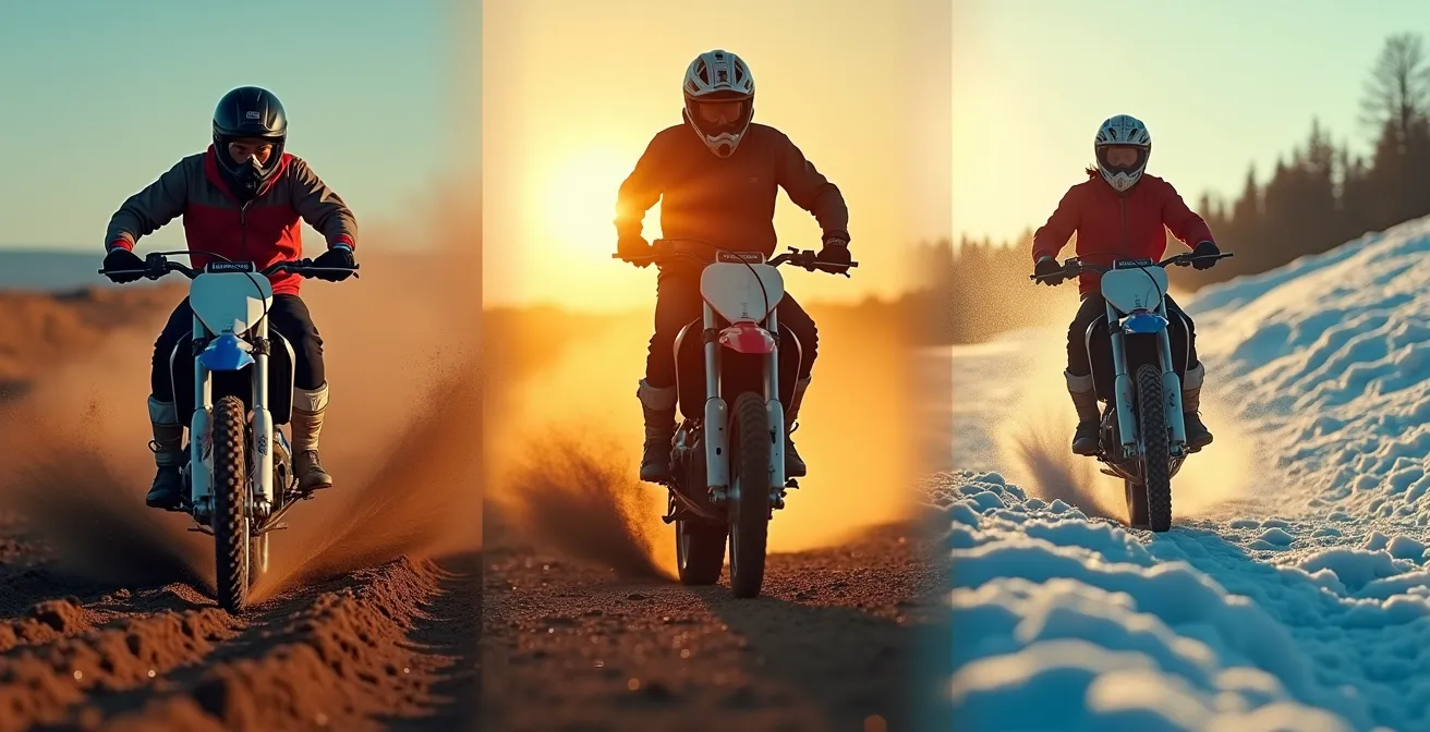 Un pilote de moto tenant une moto sur terre, asphalte et glace symbolisant les différents sports moto
