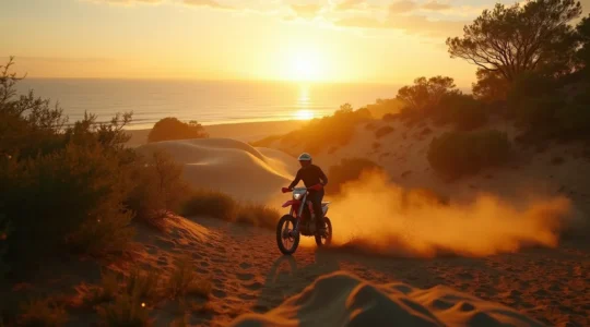 Motocycliste tout-terrain dans un décor naturel mêlant forêt dense, dunes de sable et océan au coucher du soleil