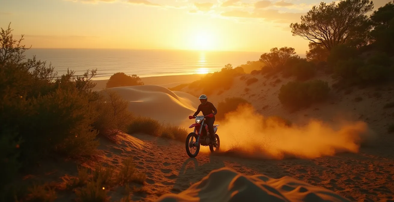 Motocycliste tout-terrain dans un décor naturel mêlant forêt dense, dunes de sable et océan au coucher du soleil