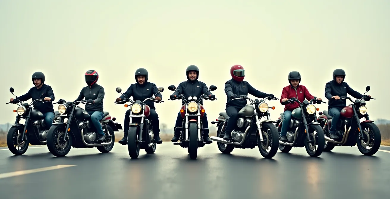 Illustration conceptuelle d'un test de personnalité pour motards avec différents profils et types de motos associés