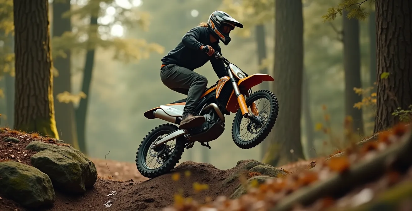 Pilote de trial moto franchissant lentement un obstacle naturel avec maîtrise et équilibre