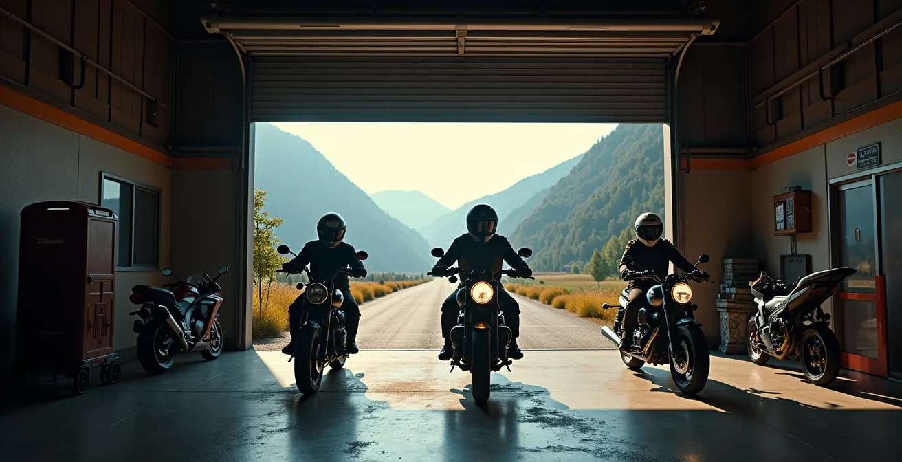 Illustration montrant différents types d'aventures à moto depuis un garage, avec des routes diverses et des motos adaptées