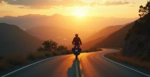 Motard contemplant une route sinueuse au coucher du soleil, silhouette héroïque
