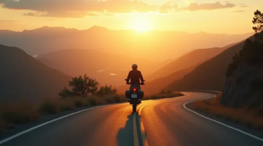 Motard contemplant une route sinueuse au coucher du soleil, silhouette héroïque
