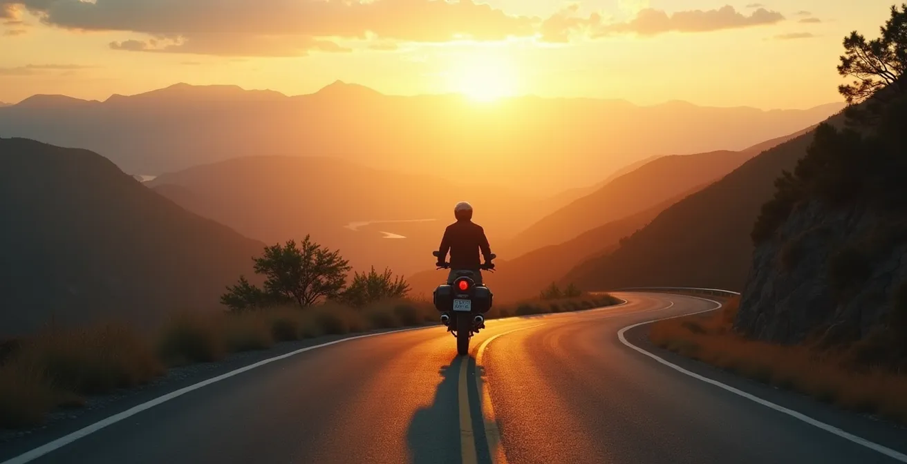 Motard contemplant une route sinueuse au coucher du soleil, silhouette héroïque