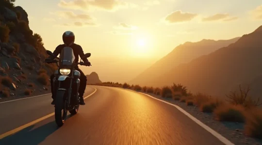 Motard sur route sinueuse face à un vaste horizon montagneux, incarnant l'art du voyage à moto
