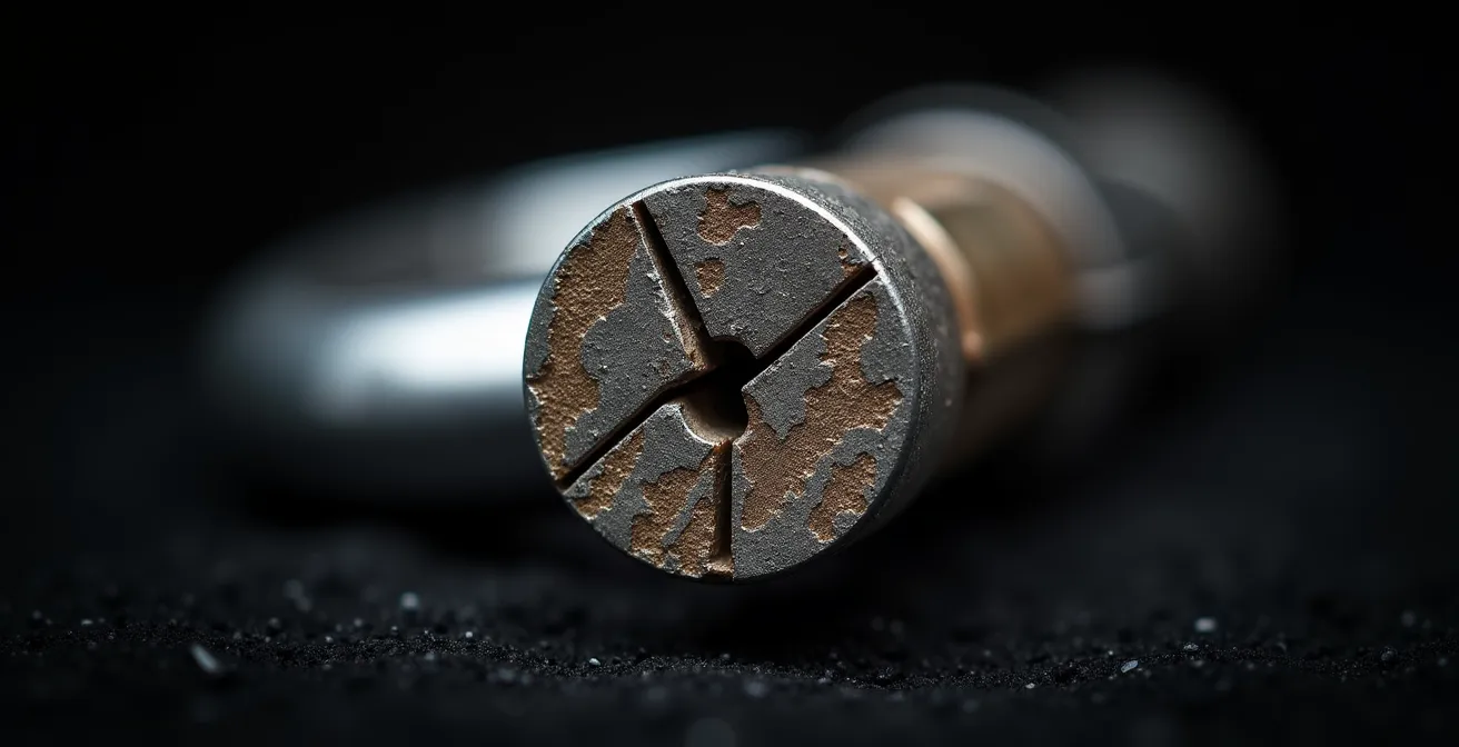 Vue macro de la section d'un antivol U montrant la structure de l'acier cémenté