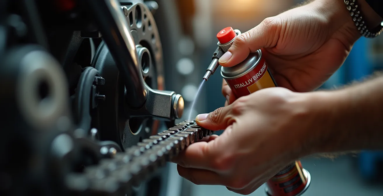Application précise de graisse sur une chaîne de moto avec technique professionnelle