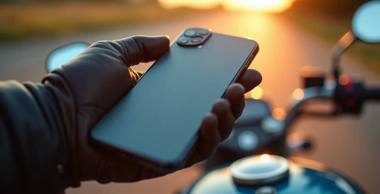 Main tenant un smartphone montrant l'interface de documents moto dématérialisés