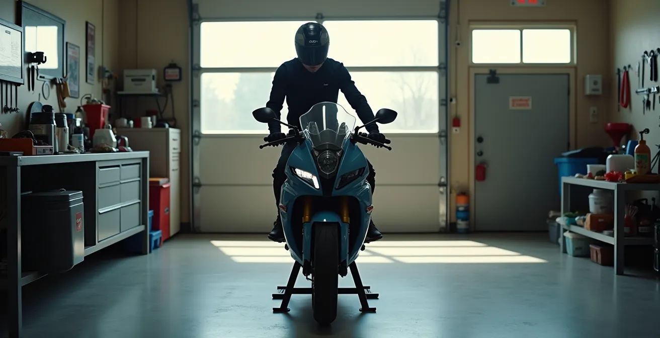 Vue large d'un garage avec une moto sur béquille et un motard versant de l'huile avec précision