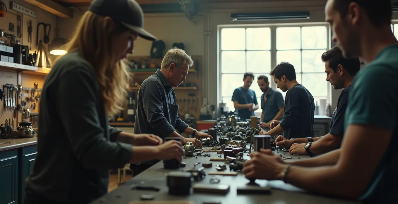 Espace de garage associatif avec motards travaillant ensemble sur leurs machines