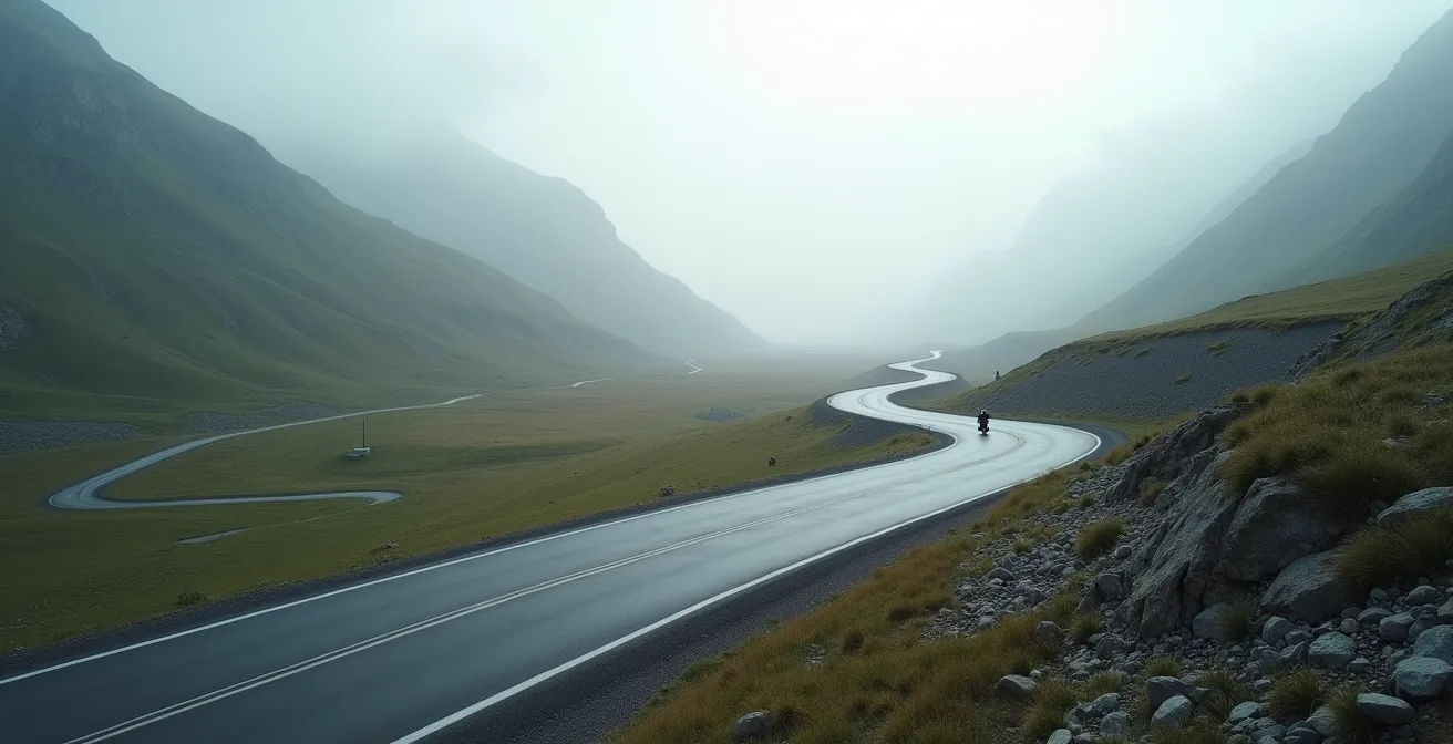 Vue aérienne minimaliste d'une route sinueuse de montagne avec une moto seule au loin