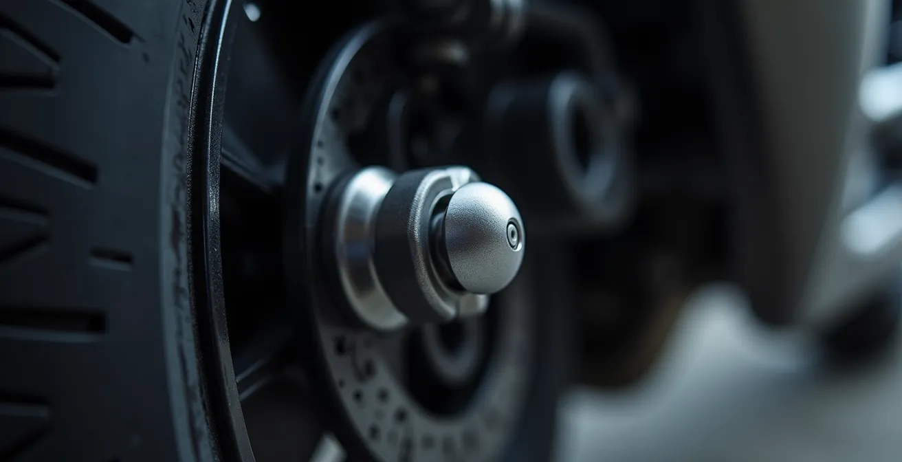 Gros plan sur un capteur TPMS installé sur une valve de pneu moto