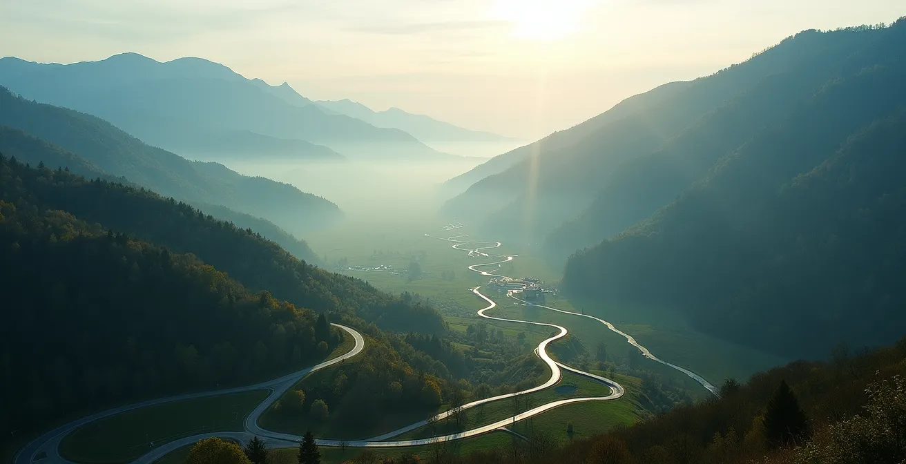 Vue aérienne de routes sinueuses en montagne avec tracé GPS coloré