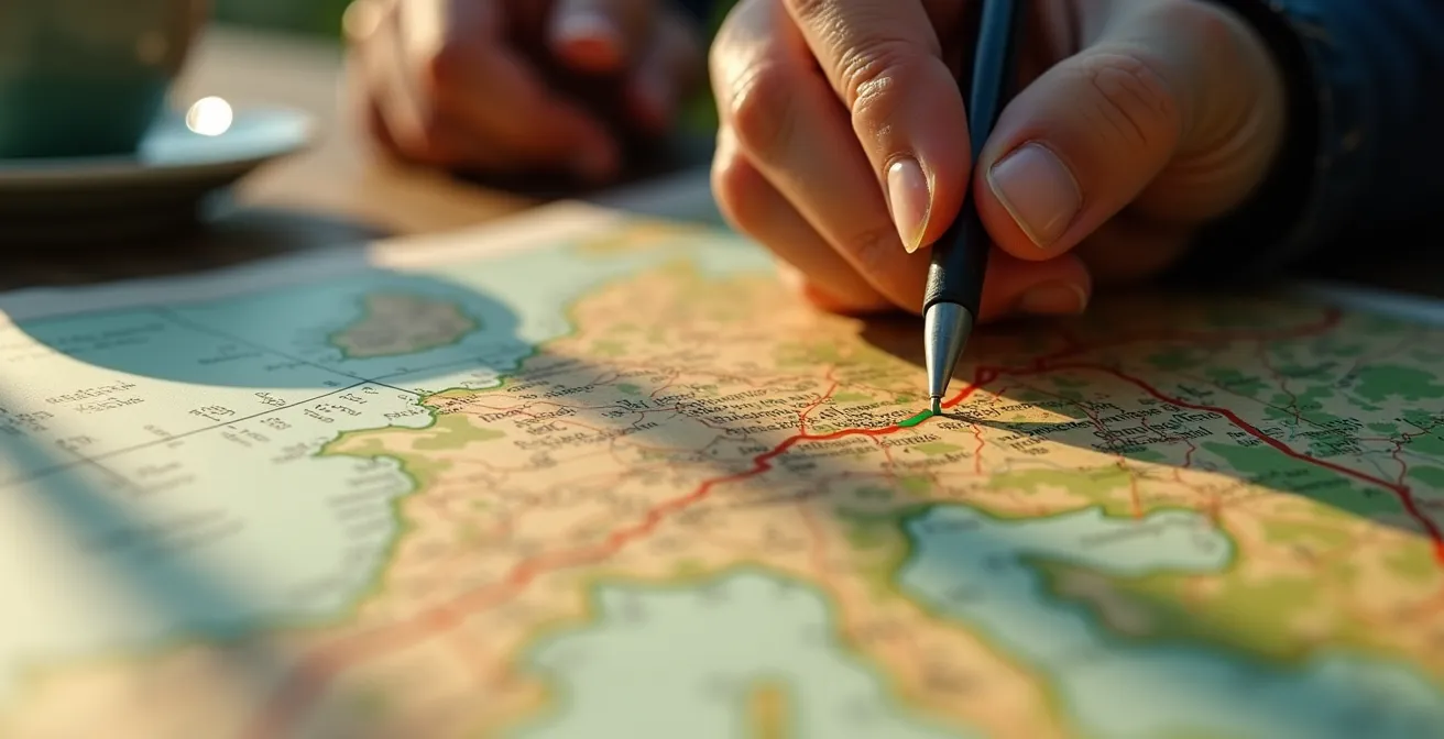Gros plan sur des mains de motard étudiant une carte routière détaillée avec des itinéraires marqués