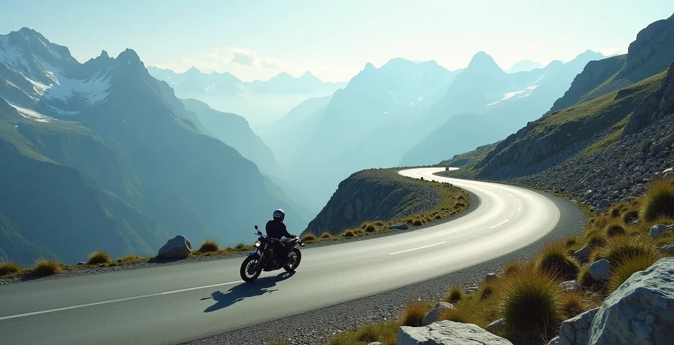 Vue panoramique d'un col alpin avec route sinueuse et motard en voyage