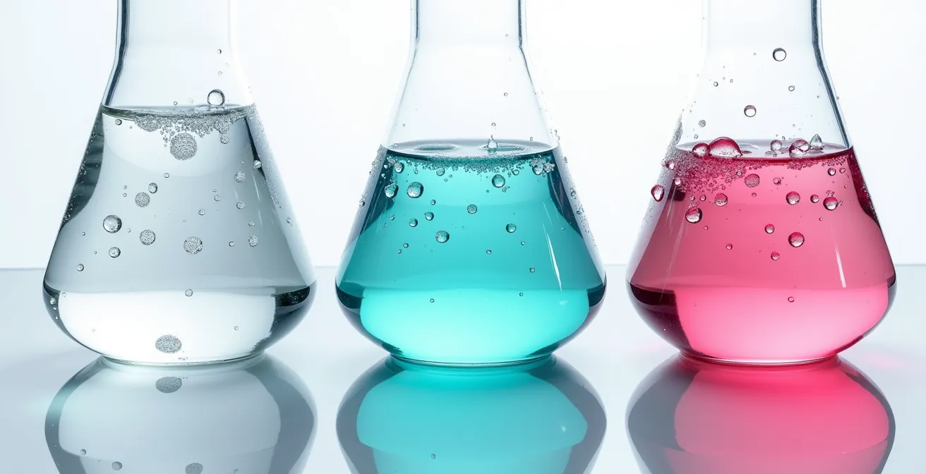 Comparaison visuelle de différents liquides de refroidissement aux couleurs variées dans des contenants transparents