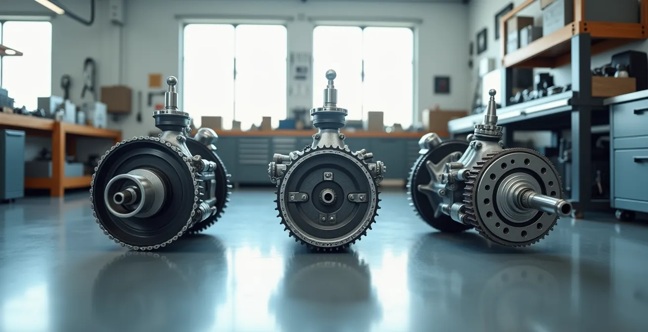 Comparaison visuelle des différents systèmes de transmission moto dans un environnement d'atelier