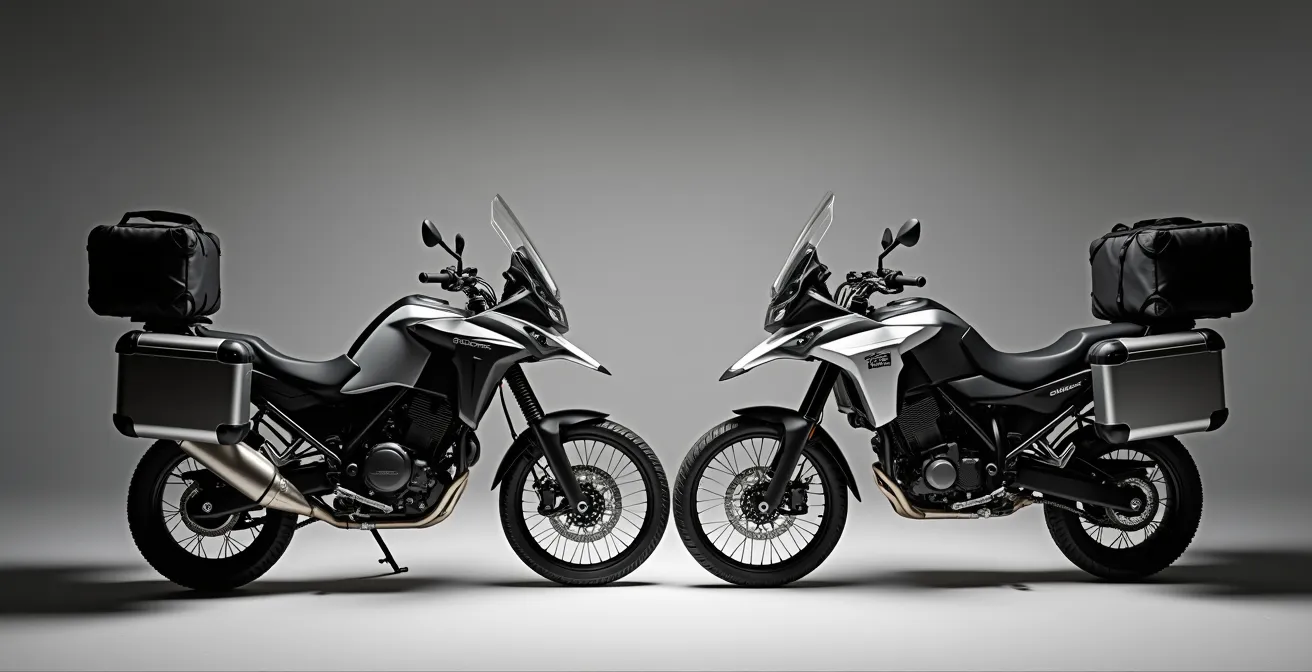 Comparaison visuelle entre valises rigides aluminium et sacoches souples sur deux motos trail