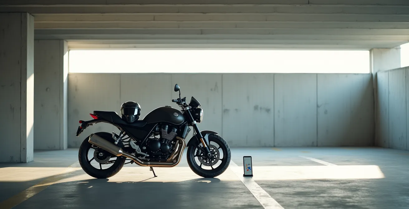 Motard comparant des offres d'assurance sur tablette près de sa moto