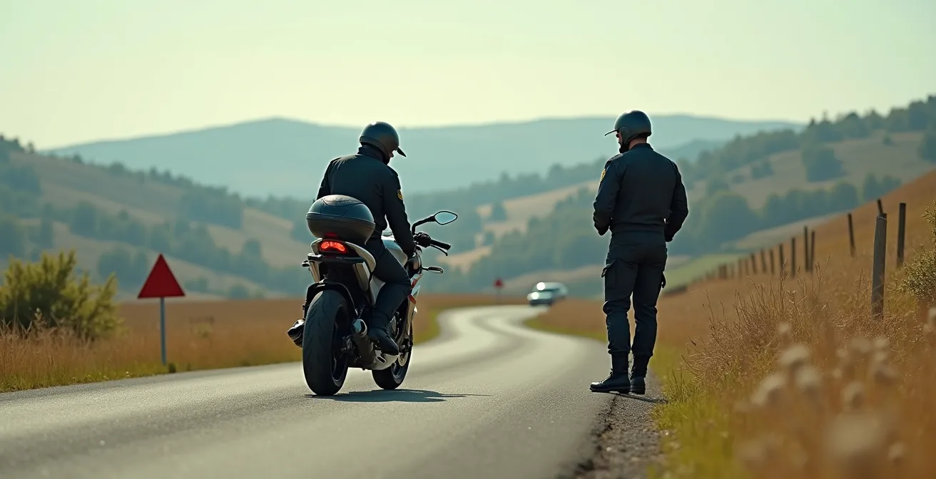 Scène de contrôle routier montrant un motard détendu échangeant avec les forces de l'ordre dans un environnement rural
