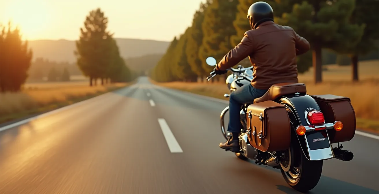 Custom cruiser équipé de sacoches cavalières en cuir sur route nationale française