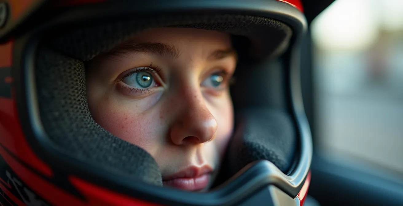 Gros plan sur l'ajustement d'un casque moto montrant les points de pression sur les joues