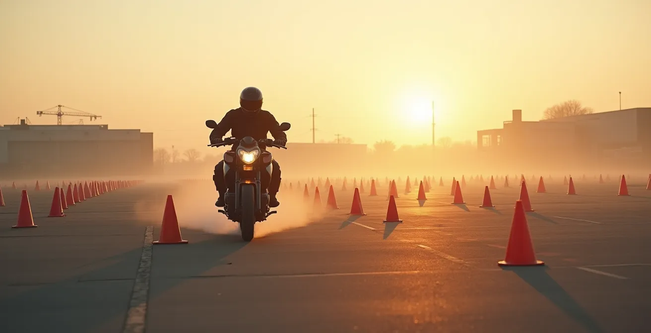 Motard en formation exécutant l'exercice du lent entre les cônes sur plateau d'entraînement