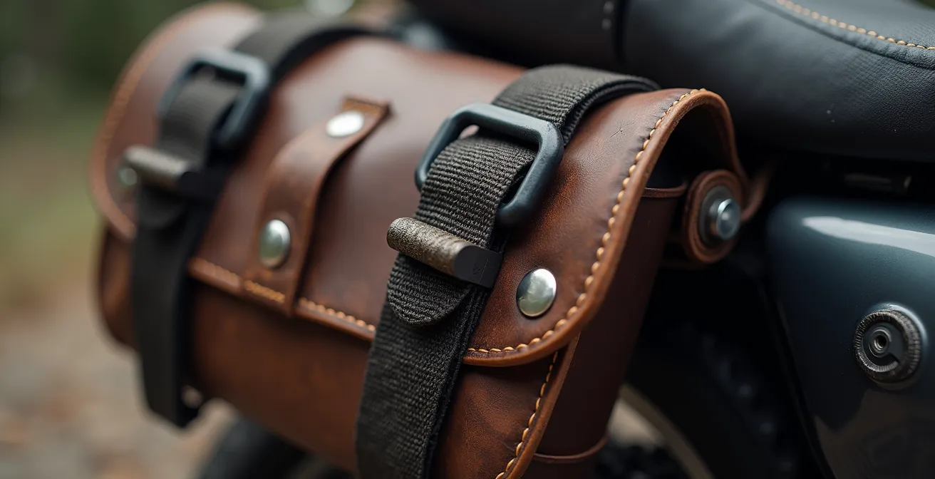 Gros plan sur le système de fixation par sangles d'une sacoche cavalière sur une moto