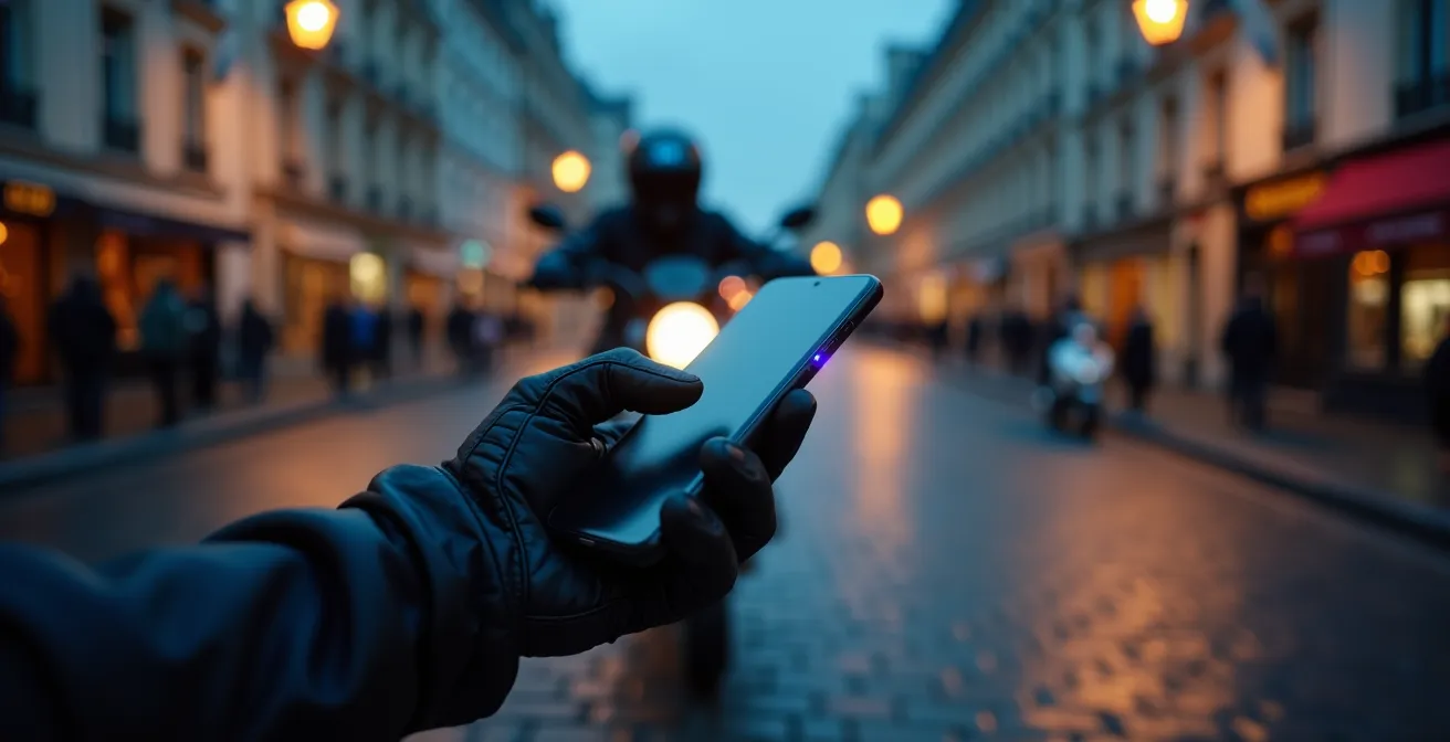 Main tenant un smartphone montrant l'interface d'une application d'alarme moto avec notifications