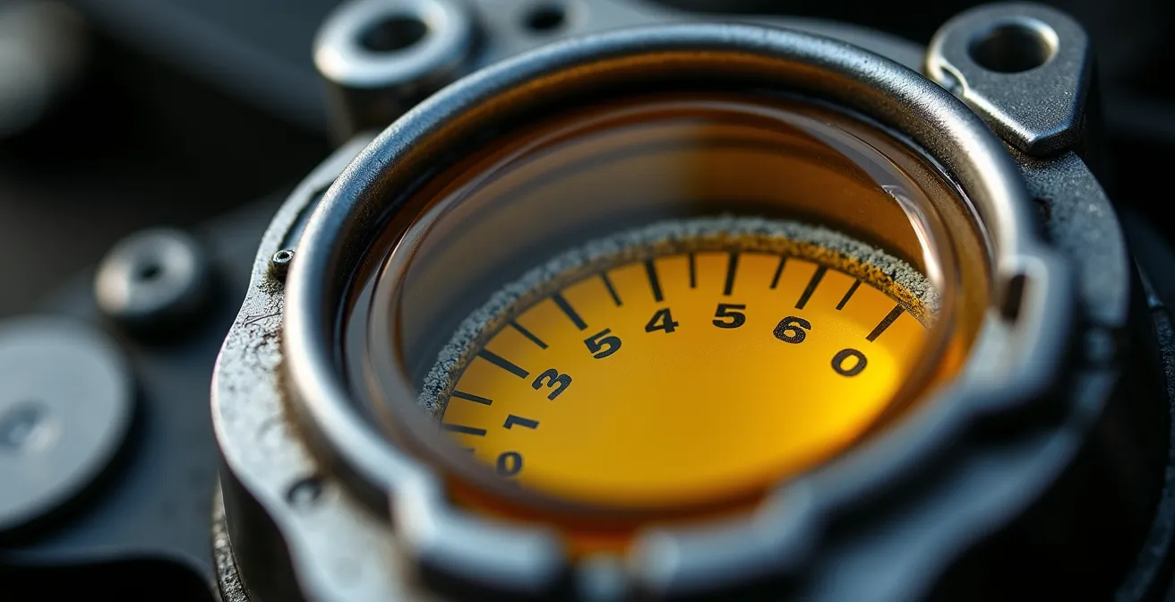 Vue macro détaillée d'un hublot de contrôle d'huile avec niveau visible entre les repères mini et maxi