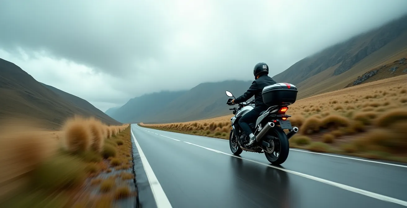Moto avec top case sur route venteuse montrant l'effet aérodynamique
