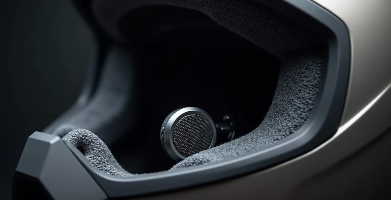 Vue macro détaillée de l'installation d'un intercom dans un casque moto avec positionnement optimal des composants