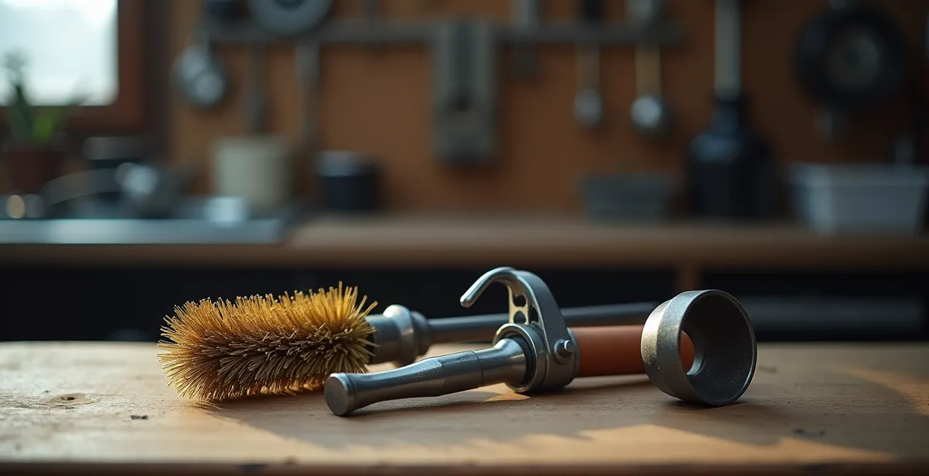 Kit d'outils pour diagnostic de bougie disposés sur établi d'atelier moto