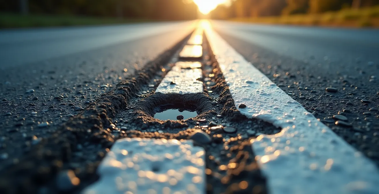 Détail macro d'un revêtement routier français montrant différentes textures et pièges potentiels