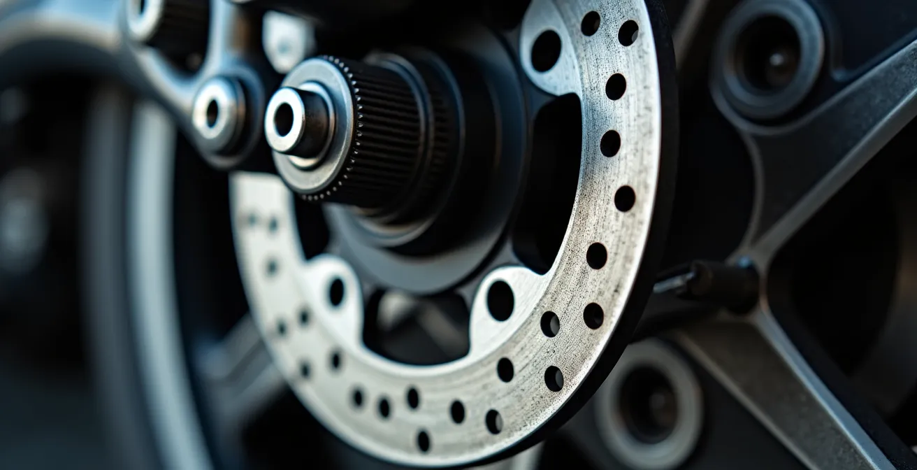 Vue détaillée d'un système de freinage moto homologué avec pièces certifiées