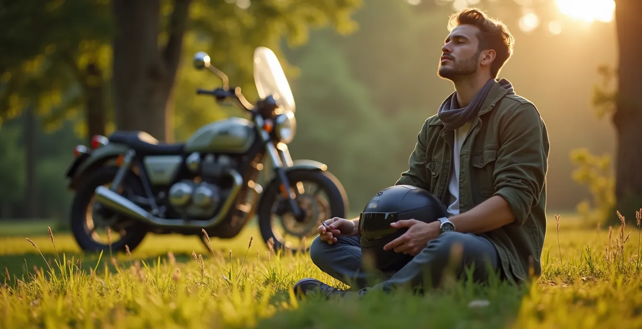 Motard en pause contemplative écoutant les sons de la nature dans un cadre rural français