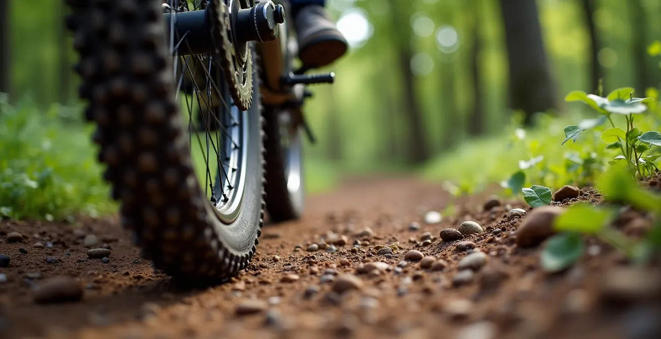 Trail empruntant un chemin forestier autorisé dans une forêt française