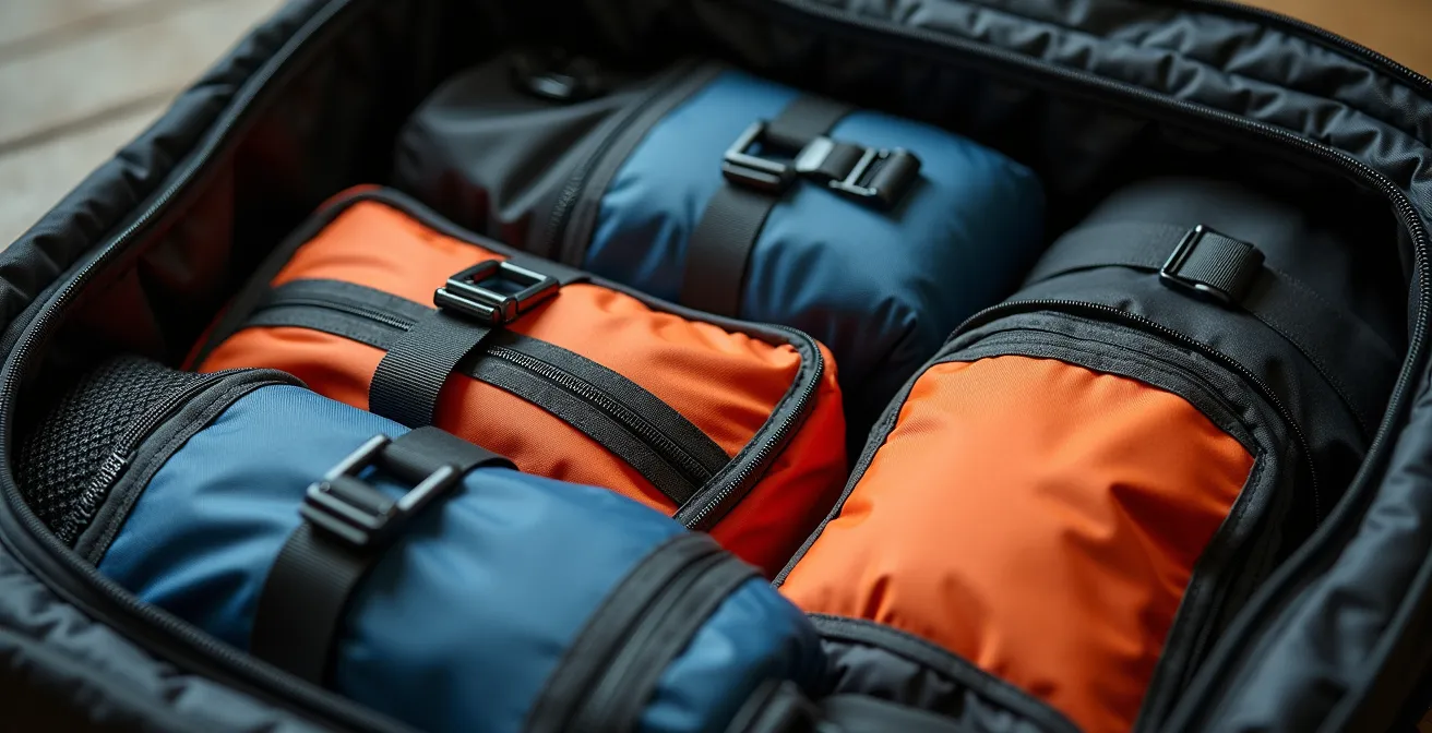 Vue détaillée de l'organisation des bagages moto avec système de sacs colorés