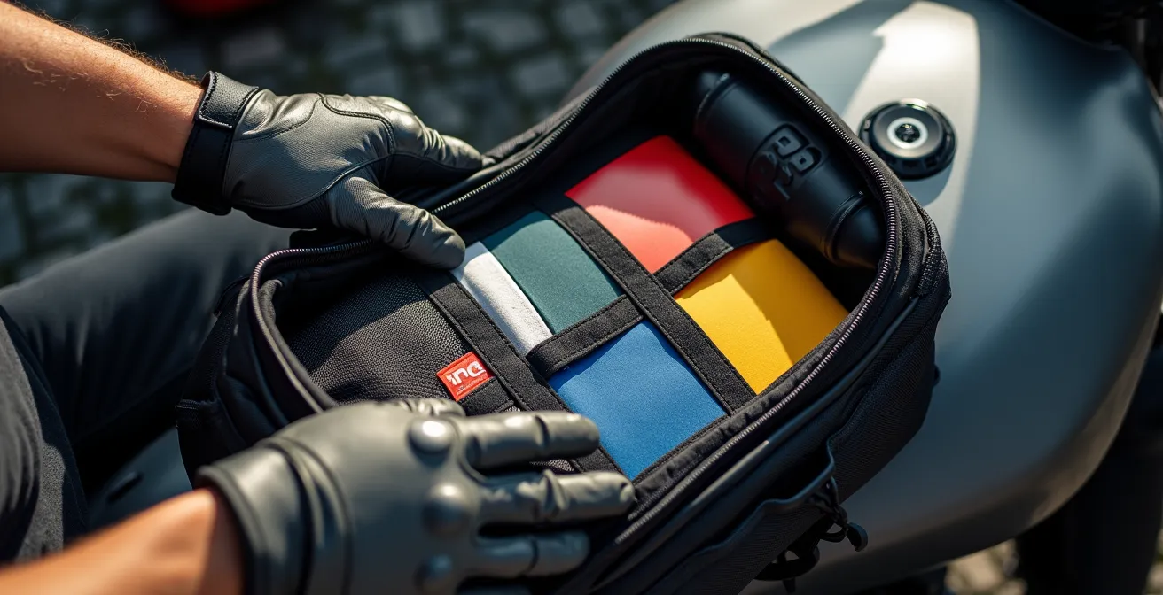 Vue aérienne d'une sacoche de réservoir organisée selon la méthode des trois zones avec compartiments visibles