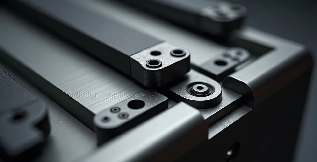 Gros plan sur système de fixation platine top case avec détails mécaniques