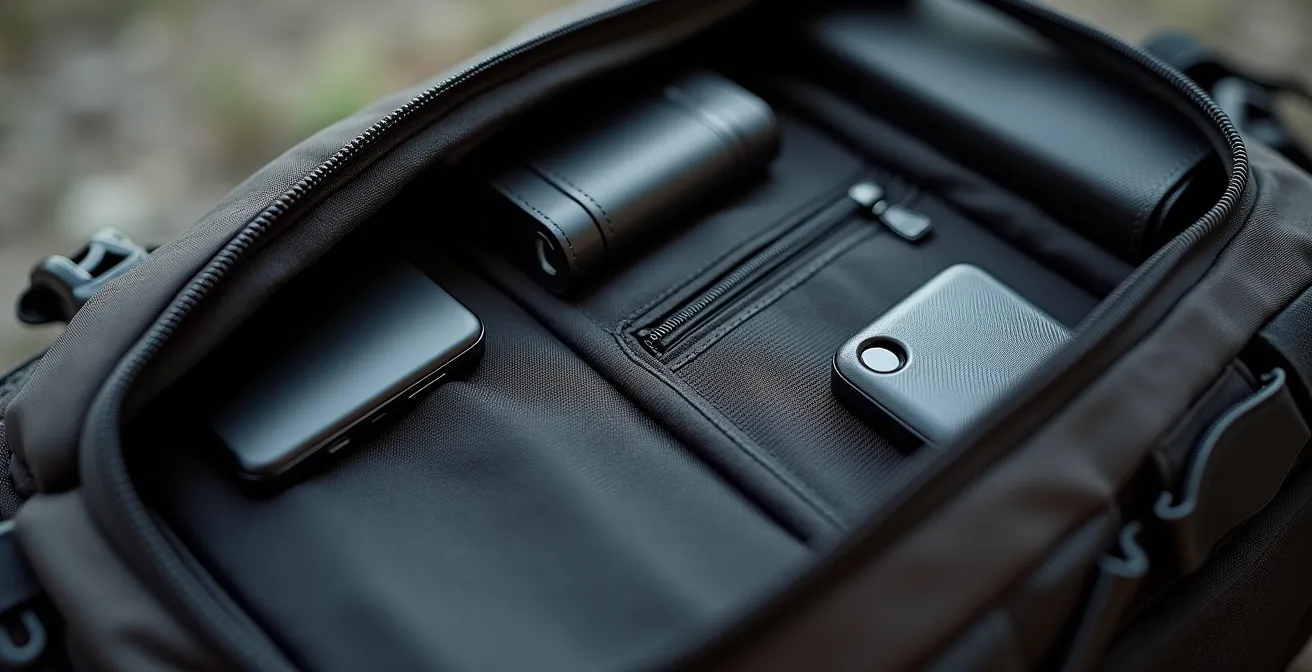 Sacoche de réservoir ouverte montrant l'organisation interne avec système de charge et compartiments multiples