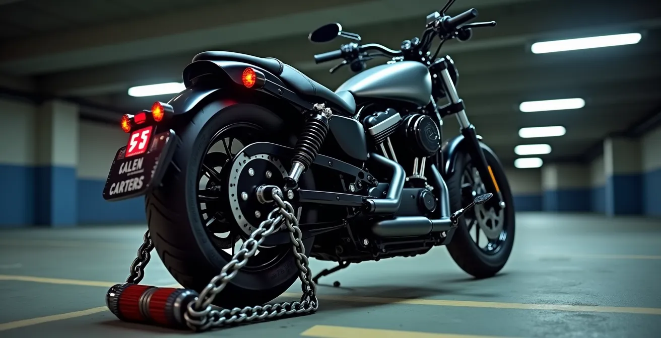 Système de sécurité en couches avec antivol U et chaîne sur une moto dans un parking souterrain