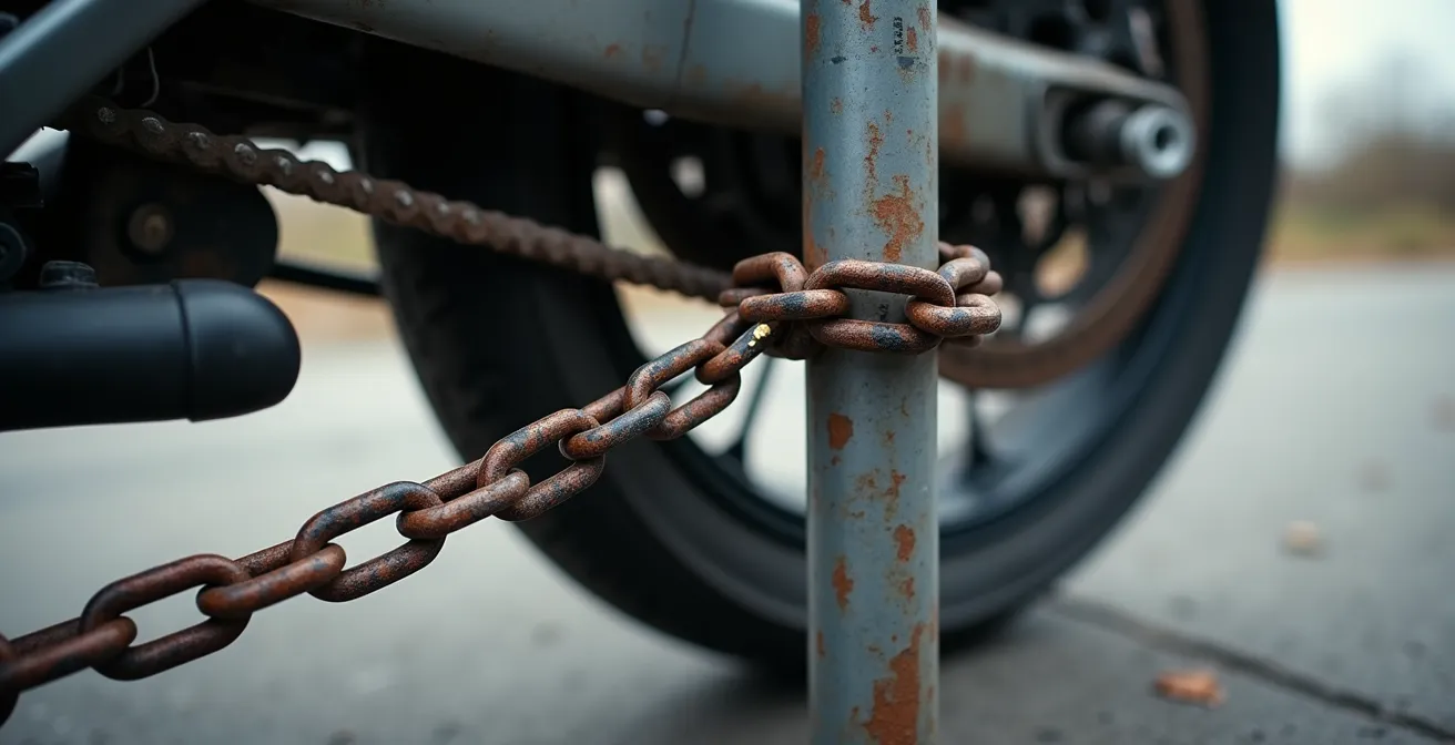 Démonstration de la technique d'arrimage d'une chaîne antivol maintenue tendue à distance du sol