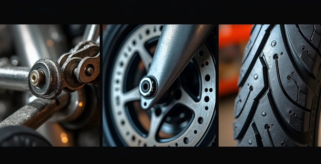 Vue macro détaillée des trois éléments essentiels d'une moto : chaîne, disque de frein et texture de pneu
