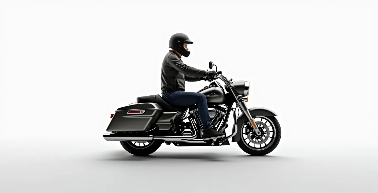 Vue latérale détaillée montrant la position ergonomique d'un pilote sur une moto routière avec angles articulaires optimaux