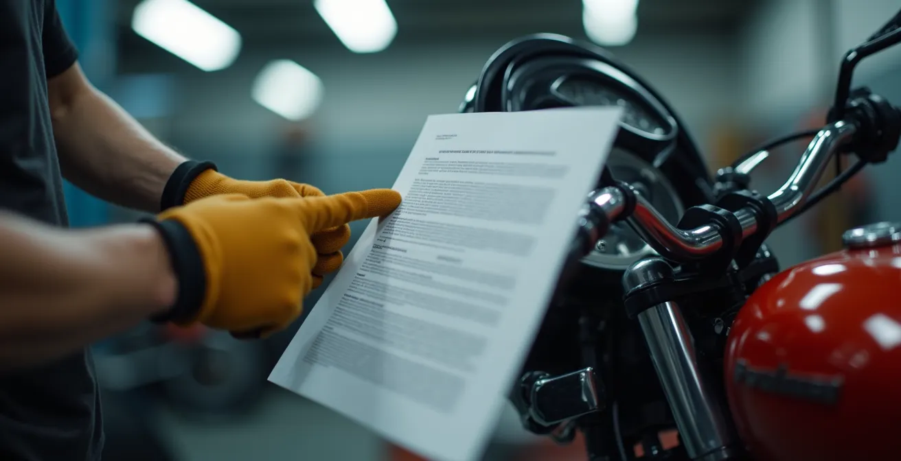 Mains comparant un document avec le cadre d'une moto dans un garage